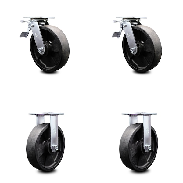 8 Inch Glass Filled Nylon Caster Set with Ball Bearings 2 Brakes 2 Rigid SCC